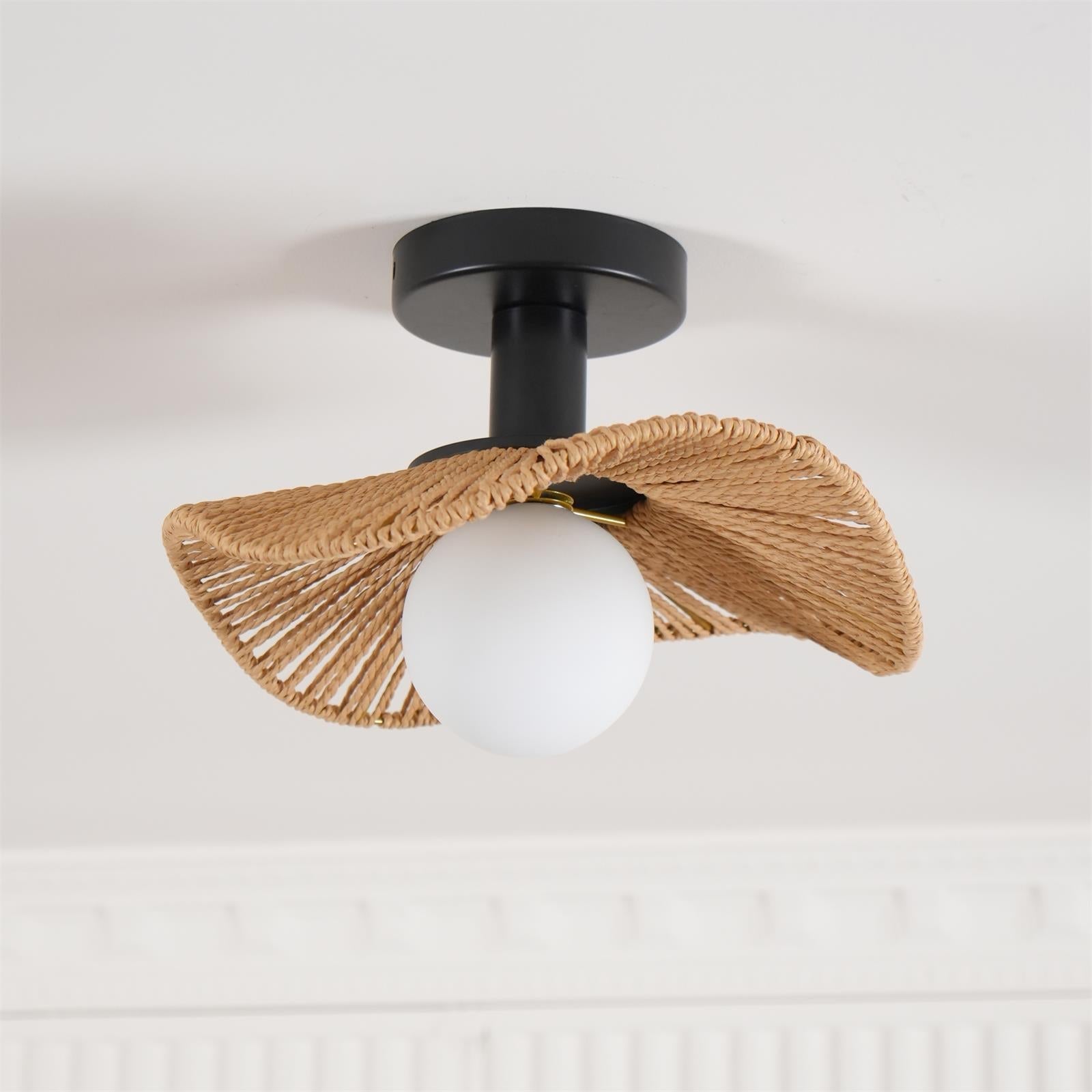Glass Shade And Hemp Rope Metal Semi Flush Ceiling Light